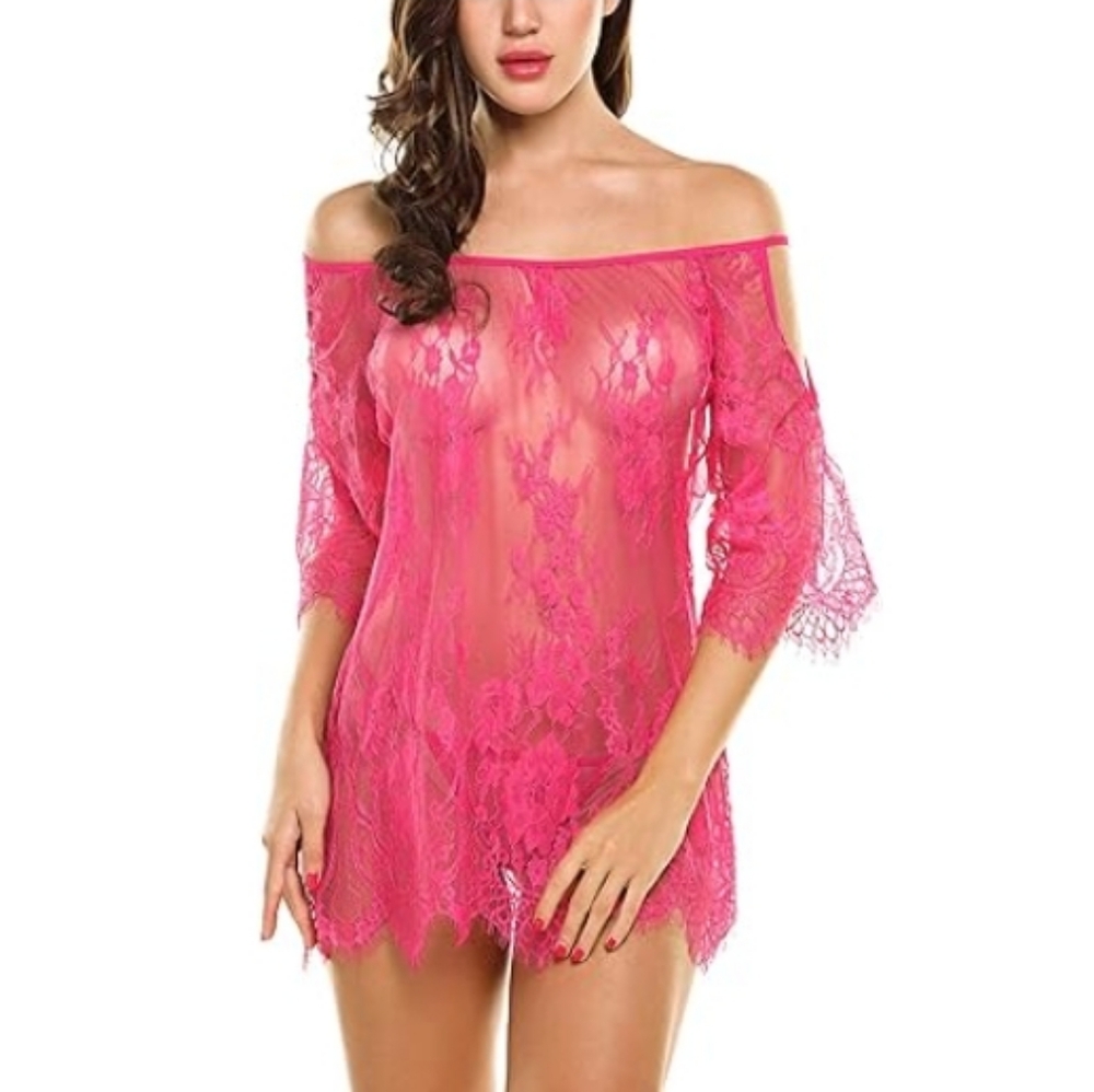 💋Sexy Nighty Chemises Lace Smock Lingerie Mini Babydoll nightie Pink